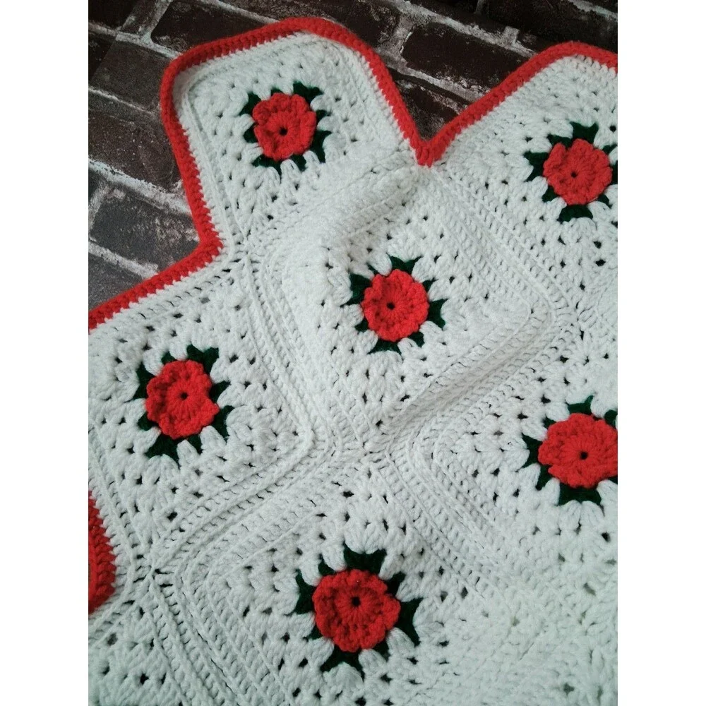 Vintage White Red Crochet Throw Blanket Lap Granny Square 62X62 Homemade Roses